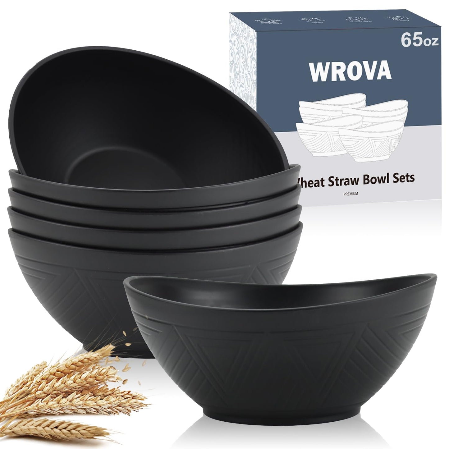 Wrova 65oz Big Wheat Straw Bowls - Large Salad Bowls set of 6 - Unbreakable Serving Bowls - Microwave & Dishwasher Safe - Oval Bowls for Cereal,Salad,Fruit - Pure Black