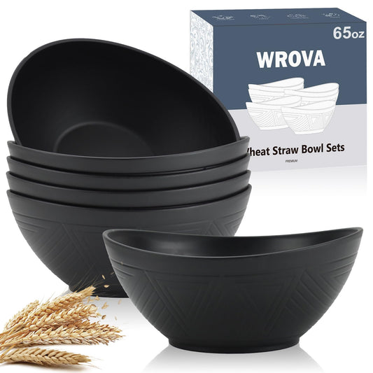 Wrova 65oz Big Wheat Straw Bowls - Large Salad Bowls set of 6 - Unbreakable Serving Bowls - Microwave & Dishwasher Safe - Oval Bowls for Cereal,Salad,Fruit - Pure Black