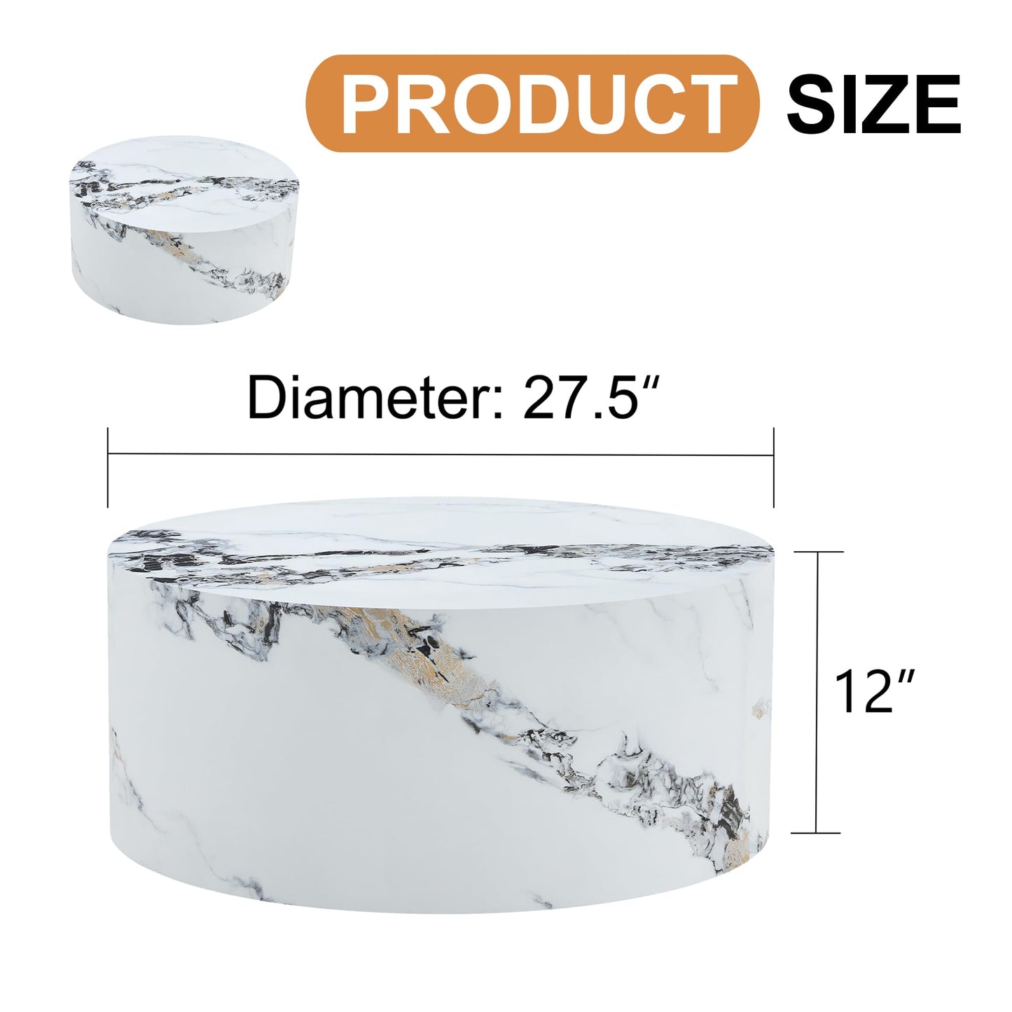 27.5" Round Coffee Table, Modern White Marble Coffee Tables for Living Room, Faux Marble Wooden Circle Center Table Accent Cocktail Tea Tables for Apartment Home Office, No Assembly