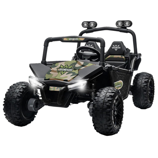 4V Ride on Toy for Big Kids, Kids' 2 Seat Electric Vehicles Outdoor Race Truck Car with 4 75W Strong MotorsBluetooth Speaker and 24V 7AH Big Battery,2 Seat Electric Cars for Kid 3-12 (Woodland)