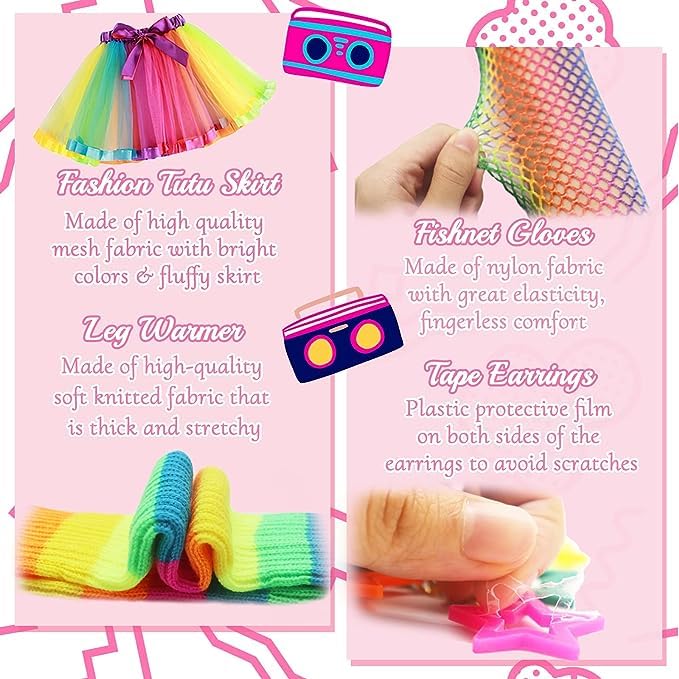80s Costume Neon Outfits Accessories Set Women Fancy Dress Rainbow Tutu Leg Glove Necklace Headband Earring Glasses