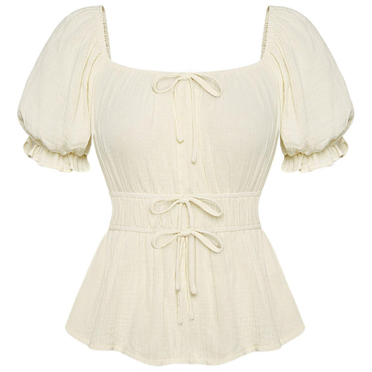 Women Peasant Blouse Renaissance Pirate Short Sleeve Shirt Tops Apricot M