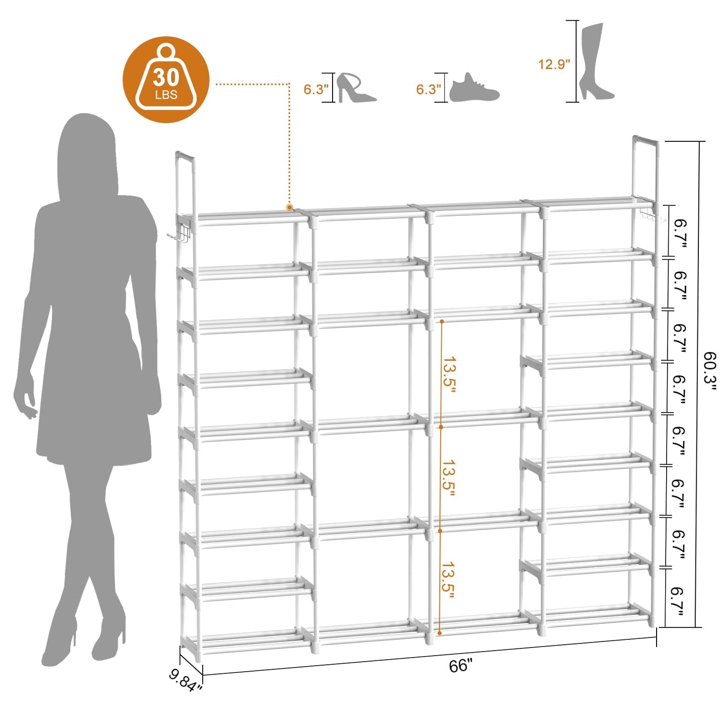 WOWLIVE 4 Row 10 Tiers Extra Large Shoe Rack 72-80 Pairs Big Tall Metal Shoe Shelf, Heavy Duty Organizer for Closet Entryway, Boot Rack Storage Stackable Stand for Garage White