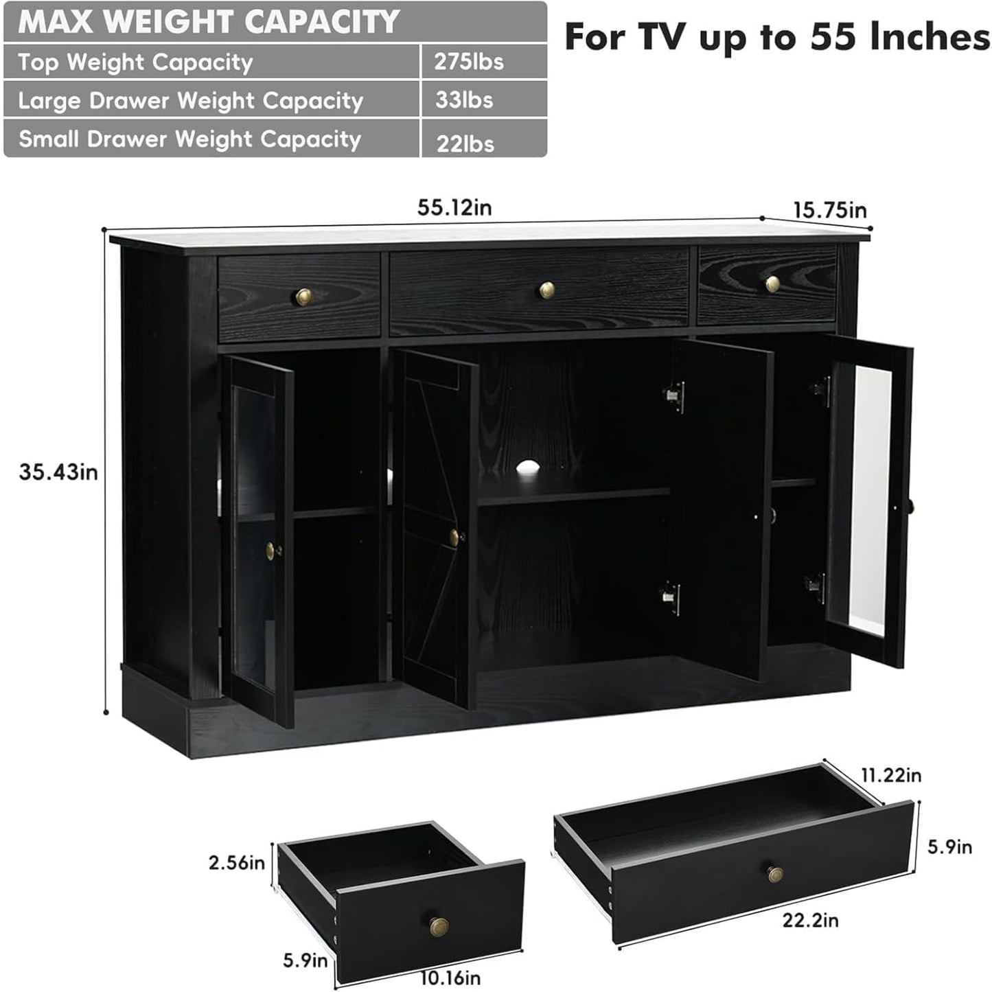 4 EVER WINNER Black Buffet Cabinet with Storage, 55" Coffee Bar Cainets with 3 Drawers and Glass Doors, Sideboard Buffet Cabinet for Kitchen, Living Room