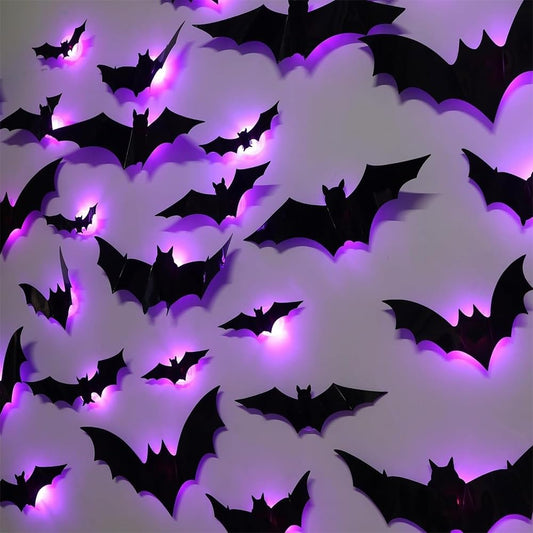3D Bat Design LED Decoration, LED Halloween 3D Bat Decorative Wall Stickers, Lighted Spider Stickers Decor Light up Glowing Bats Decoration for Indoor Outdoor Bedroom Window Party Supplies(Bats*12PCS)