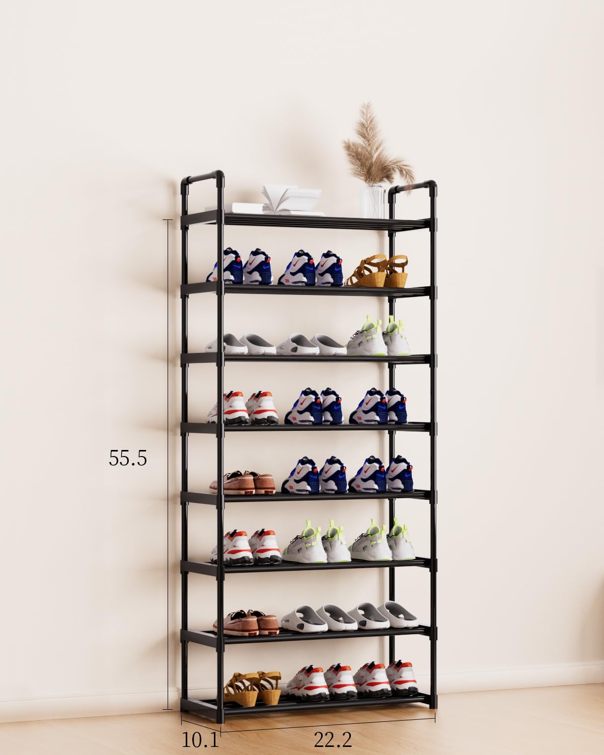 AAJZ Shoe Rack,Tall Large Capacity,Shoe Organizer, Metal Storage Shelf, for 24-27 Pairs, for Entryway,Closet, Bedroom Black (8 Tiers)