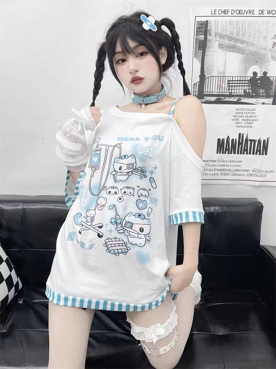 Y2k Harajuku Cartoon Print T Shirts Gothic Women Japanese Fashion Patchwork Off Shoulder T Shirt Kawaii Sweet Tees Tops (White,Small,Small)