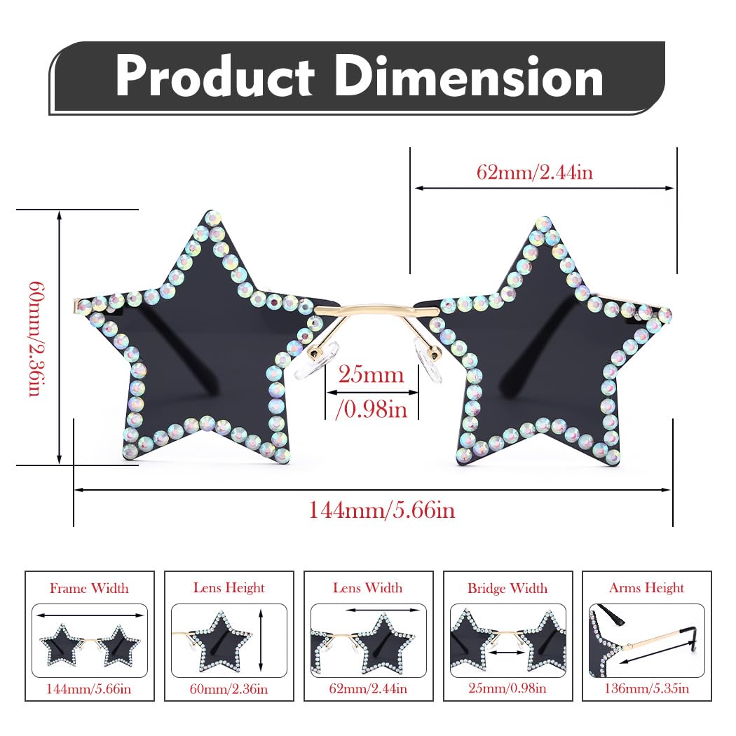 Woeoe Star Shape Sunglasses Rhinestone Rimless Sun Glasses for Women