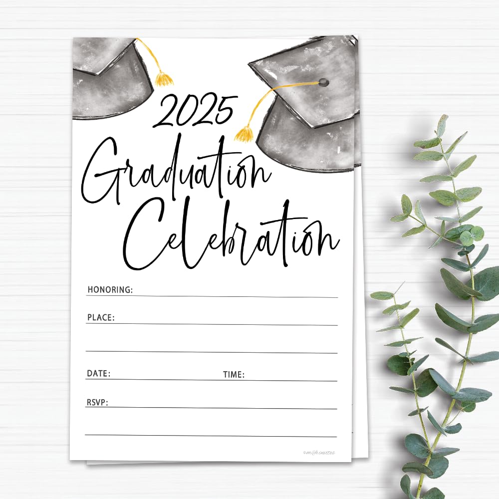 Watercolor Grad Caps 2025 Graduation Invitations With Envelopes - 20 Count Grad Party Invites