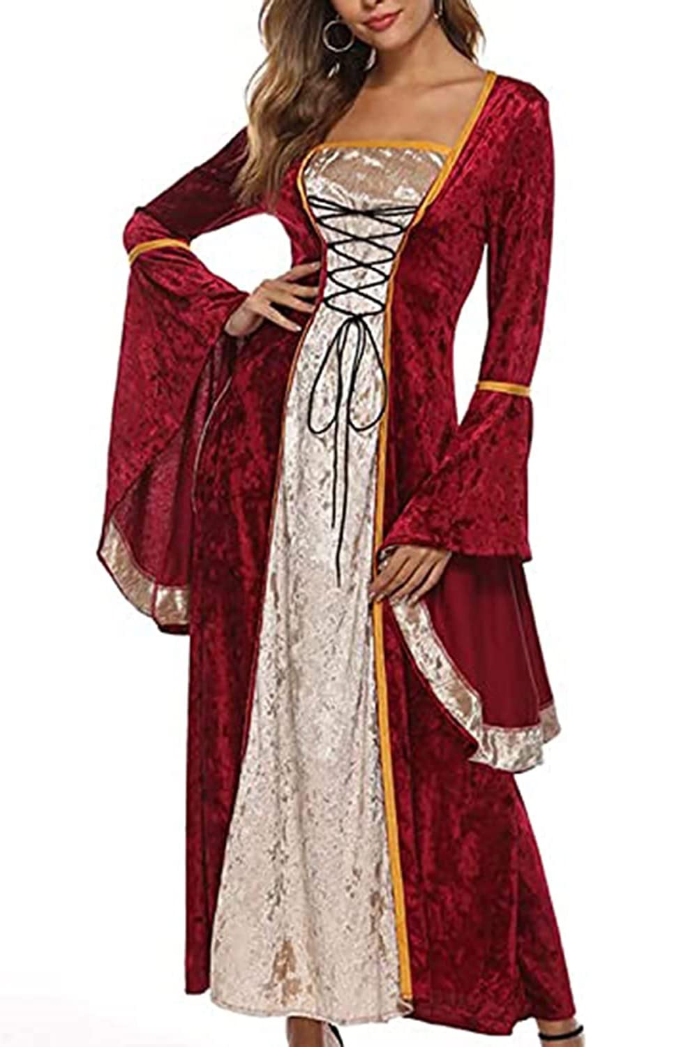YEAXLUD Womens Renaissance Medieval Costume Dress Lace up Irish Over Long Dresses Cosplay Retro Gown S-5XL (M, Wine Red)