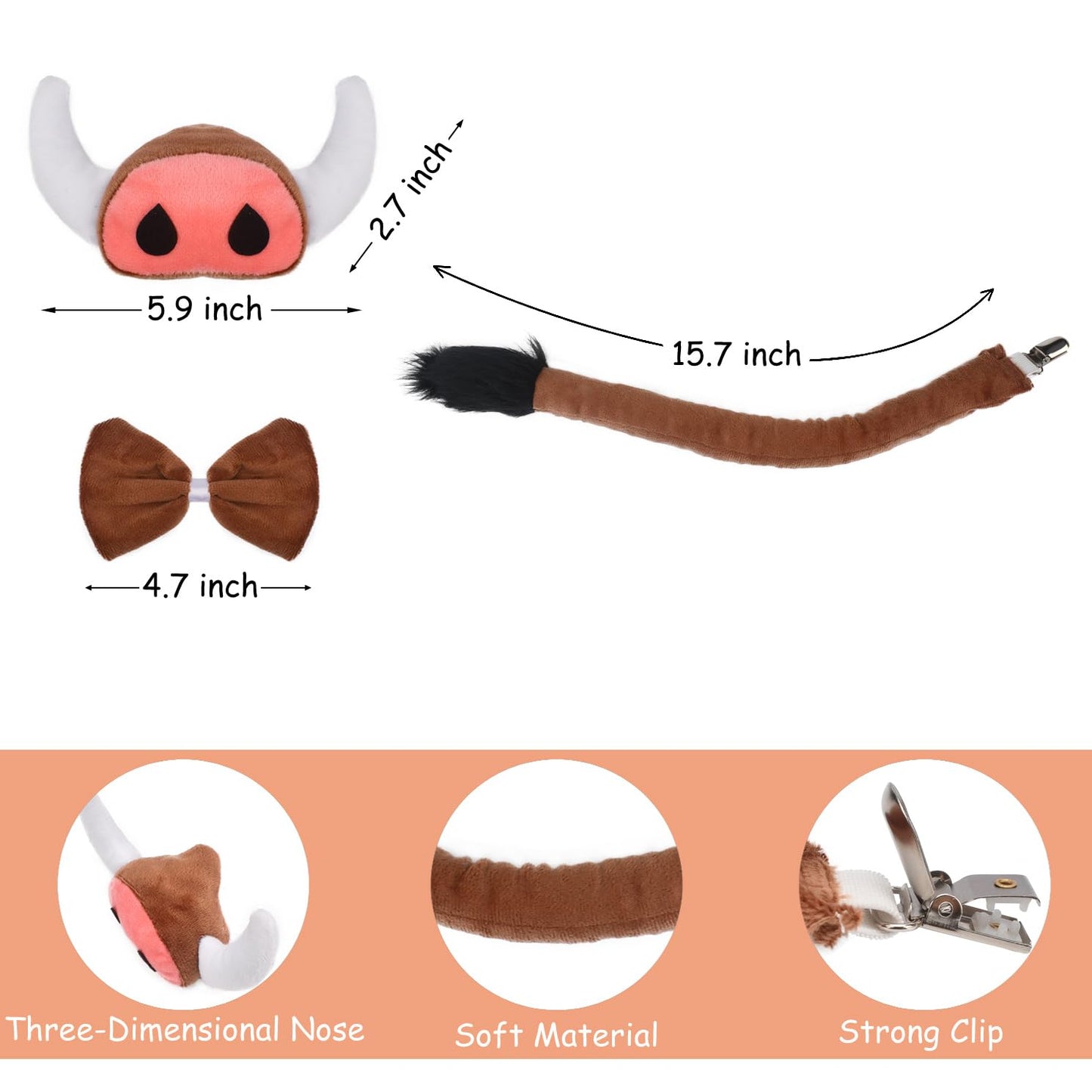 4 Pieces Warthog Ears and Tail Set - Wild Boar Headband with Nose Tail Bow Tie Cosplay Party Halloween Costume Accessories for Kids and Adults