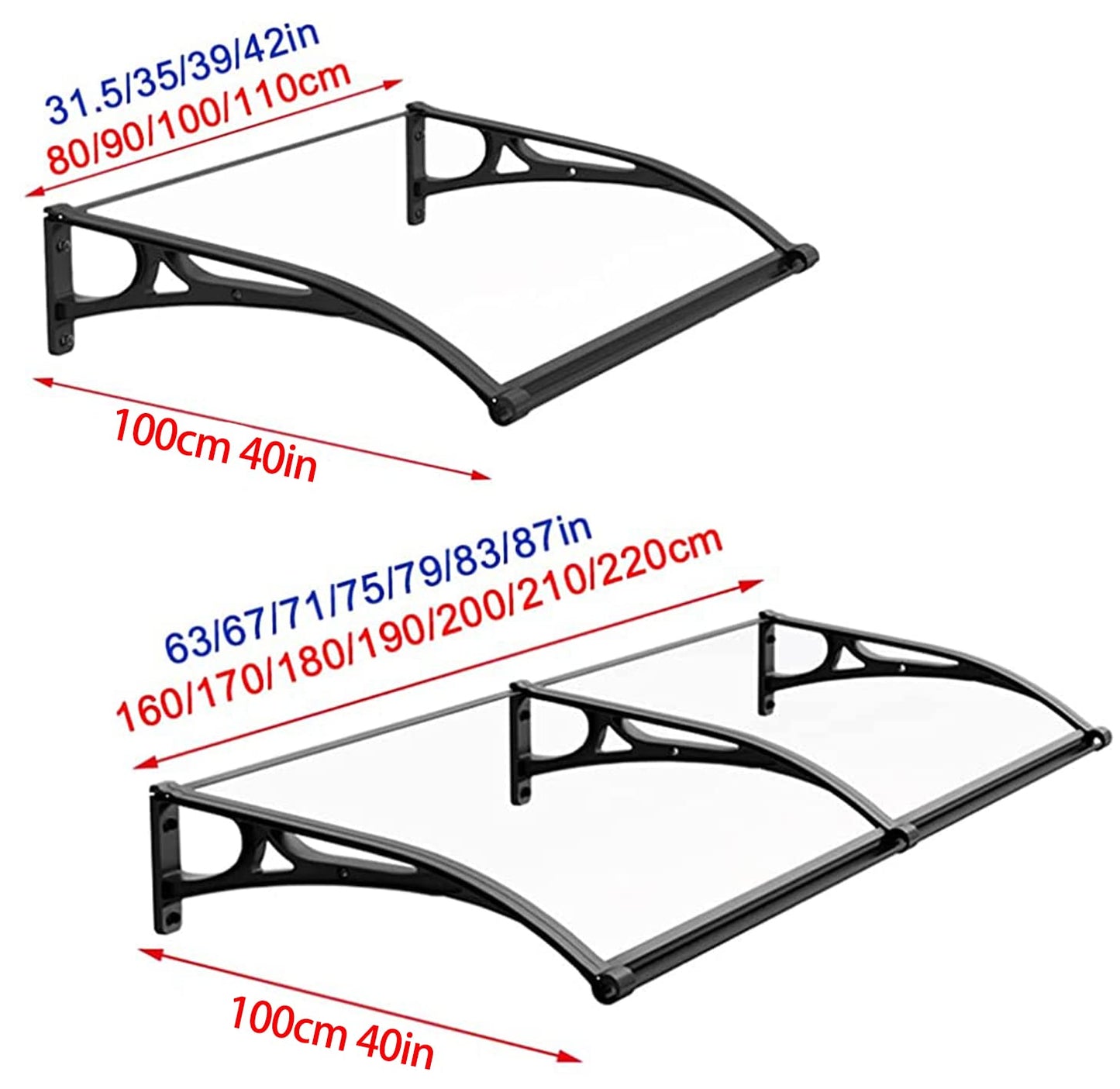 Window Door Awning Canopy UPF 50+, Aluminum Bracket Polycarbonate Board.Front Doors/Windows Overhang Awning for Sun Shutter, UV, Rain (Blue, 40 Inch x 80 Inch)