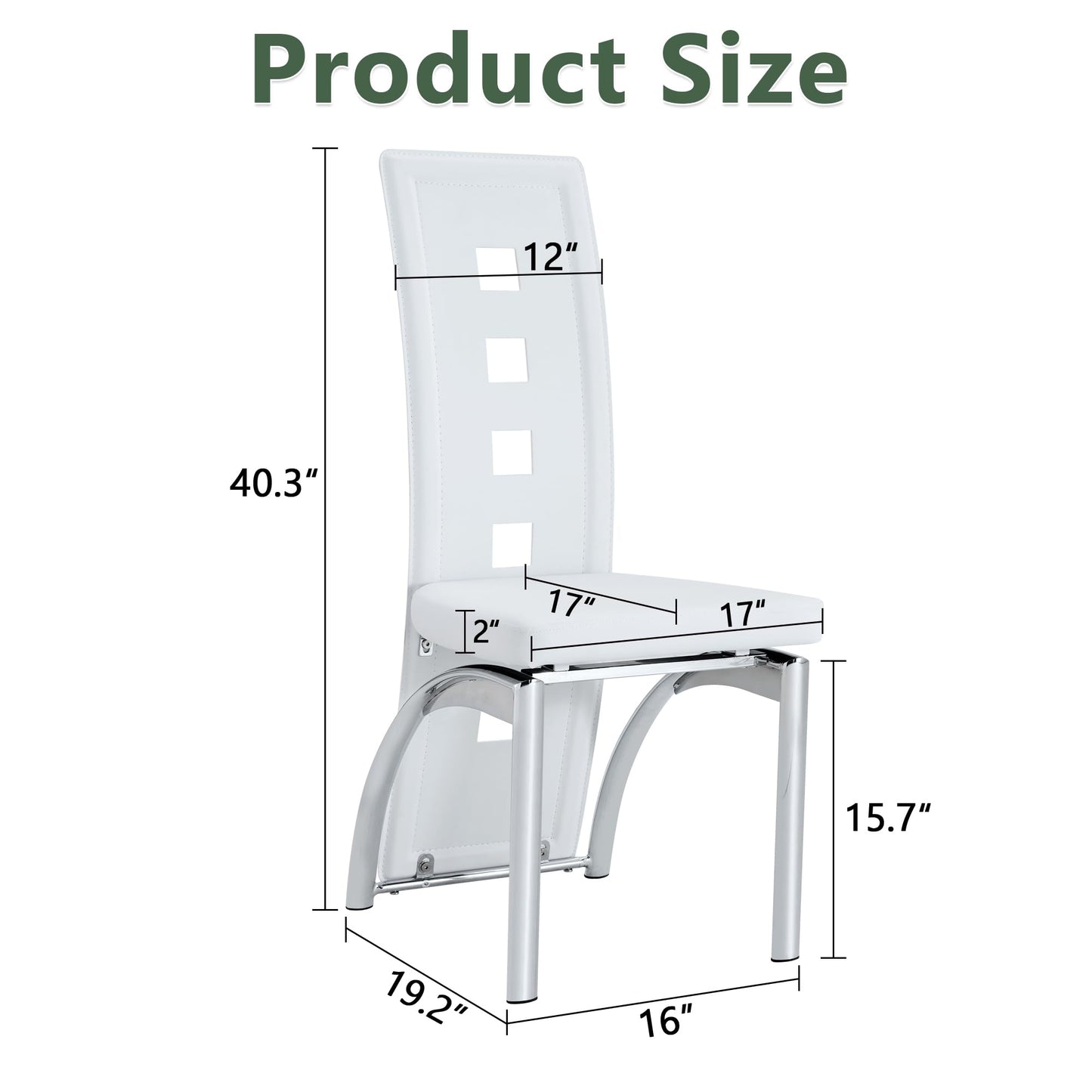 White Dining Chairs Set of 4, Modern Dining Room Chairs Set of 4, Upholstered PU Leather Kitchen Chairs with Silver Metal Legs, High Backrest Armless Seating for Kitchen, Dining Room