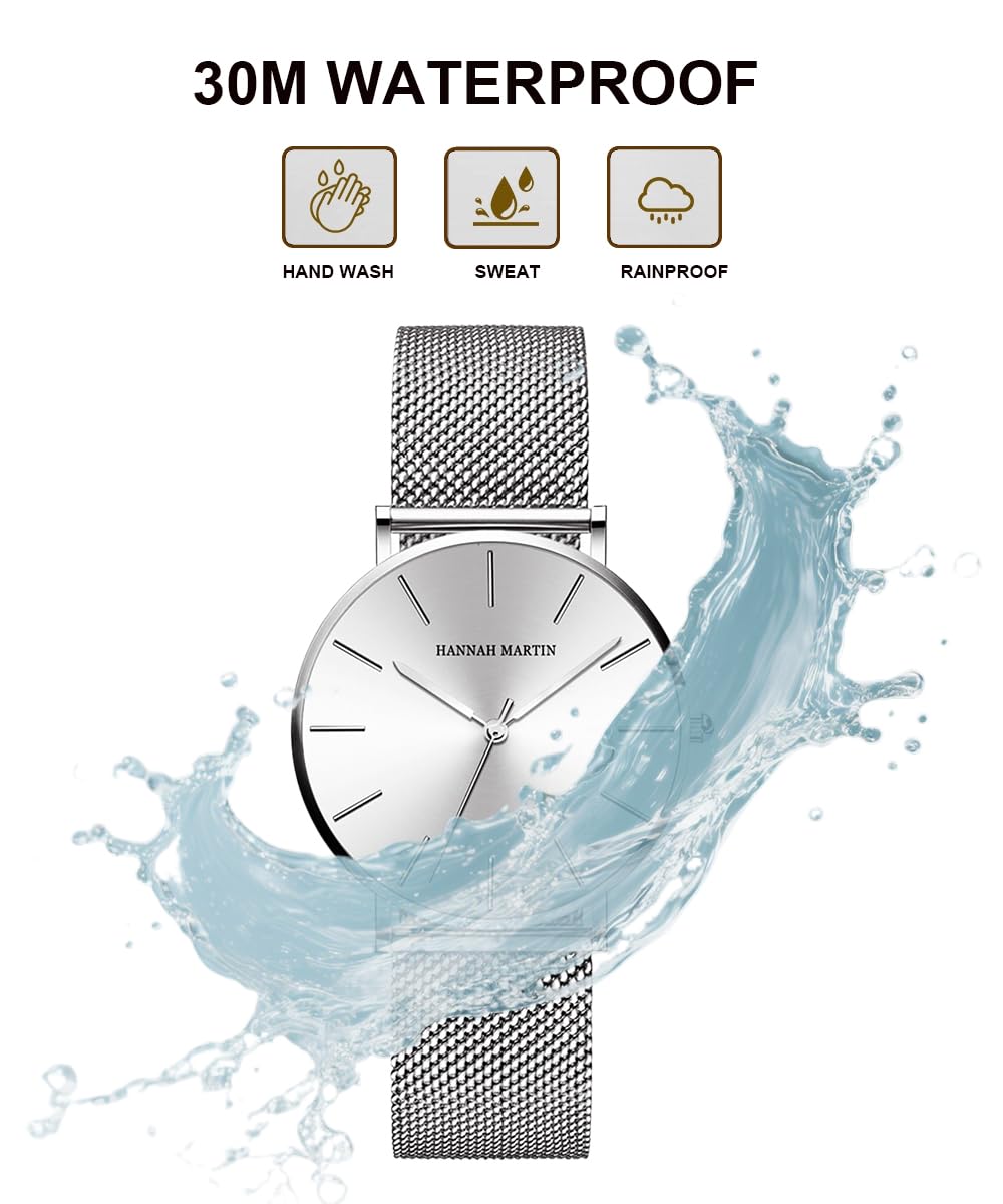 Women Watches Minimalist Fashion Quartz Wrist Watch Party Dress Bracelet Watch for Ladies with Stainless Steel Mesh Band (Silver)