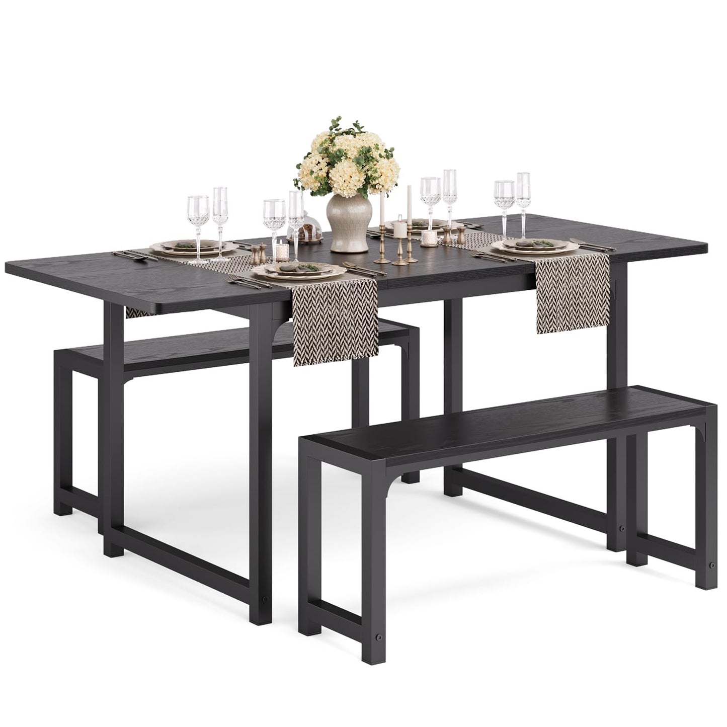Ahomly Dining Table Set for 4-6 with Bench, 63“ Large Extendable Kitchen Table Set, Dining Room Table with Metal Frame & MDF Board, Perfect for Small Space, Easy Assembly, Black