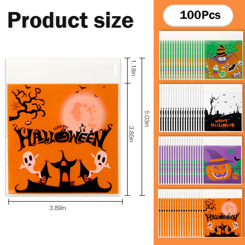 100 PCS Halloween Treat Ziplock bags(4x4 Inch) Self-sealing Candy Cookie Goodie Goody Small Gift Wrap Bags for Halloween Party Favors Supplies Decorations Spider Web Bat Pumpkin Pouches Table Decor