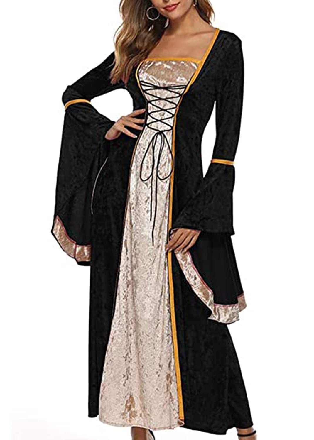 YEAXLUD Womens Renaissance Medieval Costume Dress Lace up Irish Over Long Dresses Cosplay Retro Gown S-5XL (S, Black)