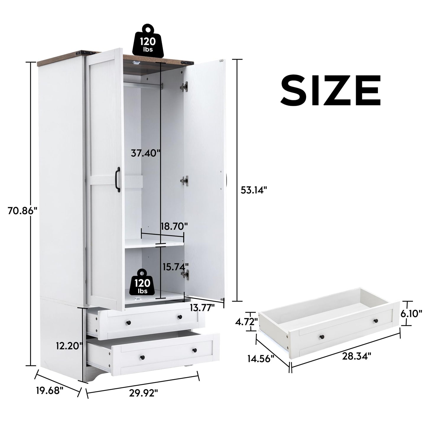 Yechen 71" Wooden Armoire Wardrobe Closet - Modern Functional Clothes Tall Storage Cabinet with Adjustable Shelf and Hanging Rail, Sturdy Freestanding Closet Wardrobe with 2 Wide Drawers for Bedroom