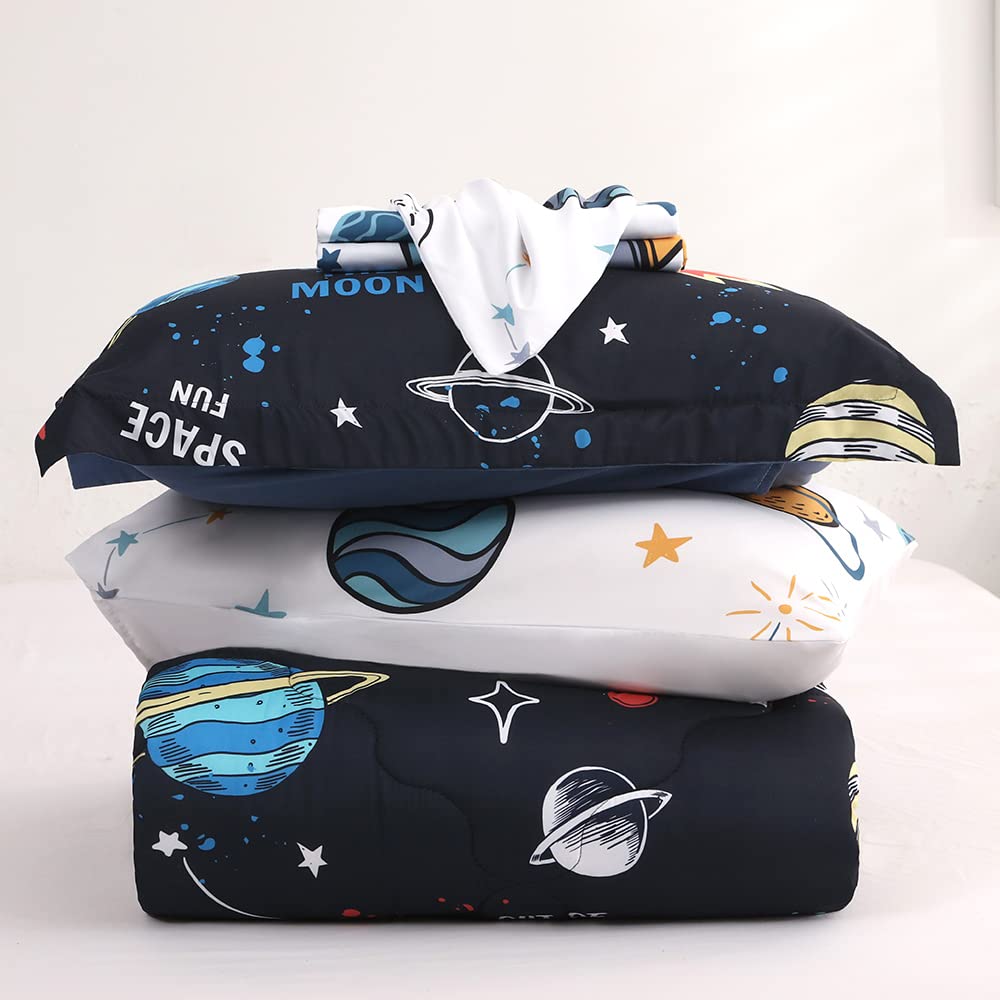 Wajade Kids Space Comforter Set Bed in A Bag Twin Size 7 Piece 3D Space Rocket Planets Bedding Set for Teens Boys Girls (1 Comforter, 1 Flat Sheet, 1 Fitted Sheet, 2 Pillowcase and 2 Pillow Sham)