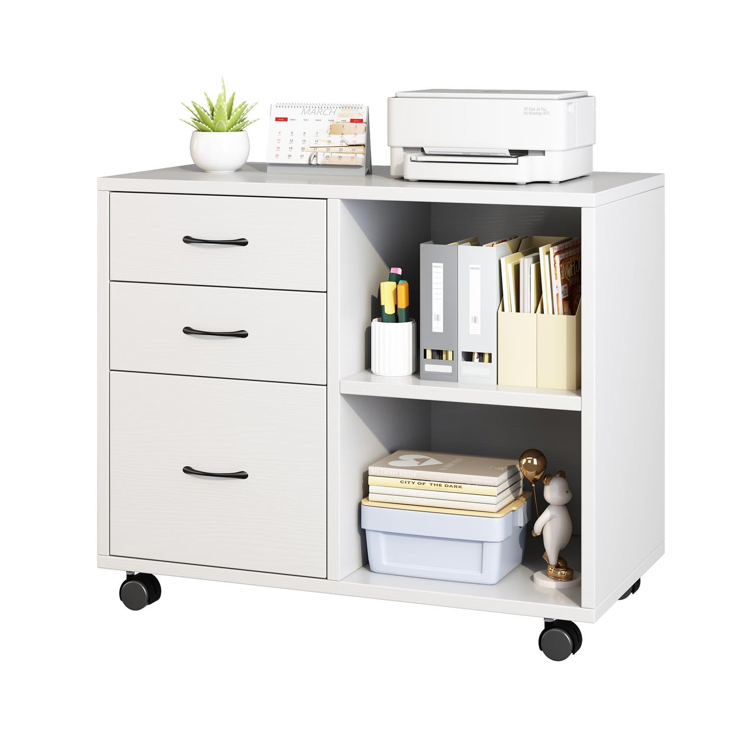 3 Drawer office furniture storage cabinet，Office Pedestal Files storage cabinet，Printer Stand with Open Storage Shelves and Rolling Wheels for Office and Home Organization,black and white (White)