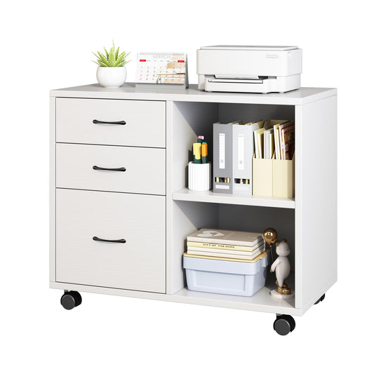 3 Drawer office furniture storage cabinet，Office Pedestal Files storage cabinet，Printer Stand with Open Storage Shelves and Rolling Wheels for Office and Home Organization,black and white (White)