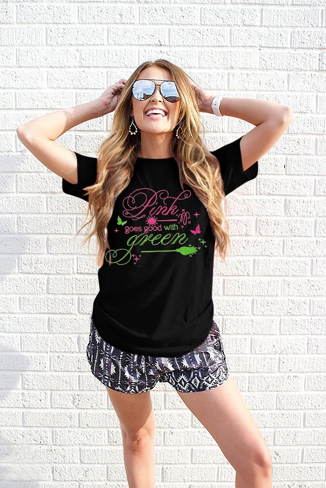 Women Pink Goes Good with Green Shirt Embroidery Musical Movie Shirts Witch and Princess Tee Musical Fan Gift Tops