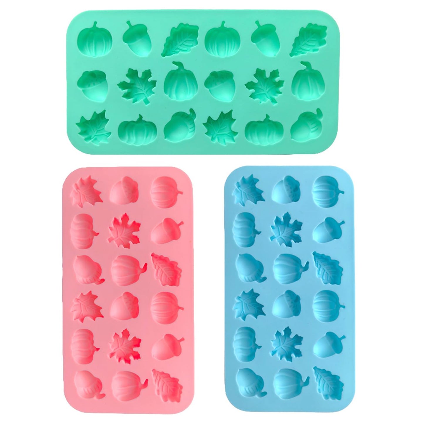 3Pcs 18-Cavity Autumn Harvest Themed Silicone Mold 3D Pumpkin Maple Leaf Chestnut Shaped Chocolate Biscuit Candy Mold, Thanksgiving Silicone Molds for Cake Decoration