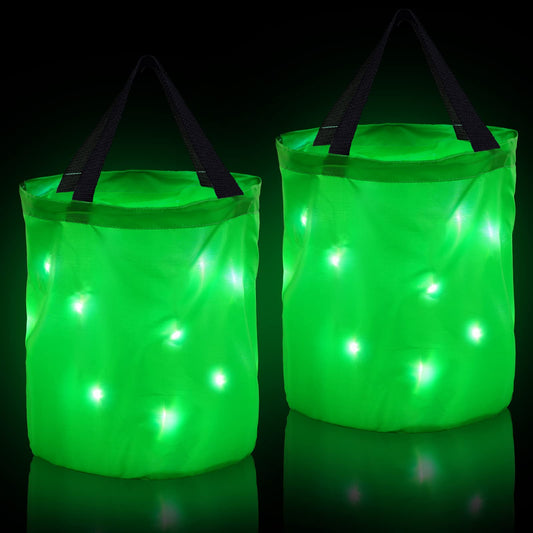 2 Pieces LED Light Halloween Candy Bags Light Up Halloween Party Bags Multipurpose Reusable Halloween Bucket Trick or Treat Bags for Halloween(Green)