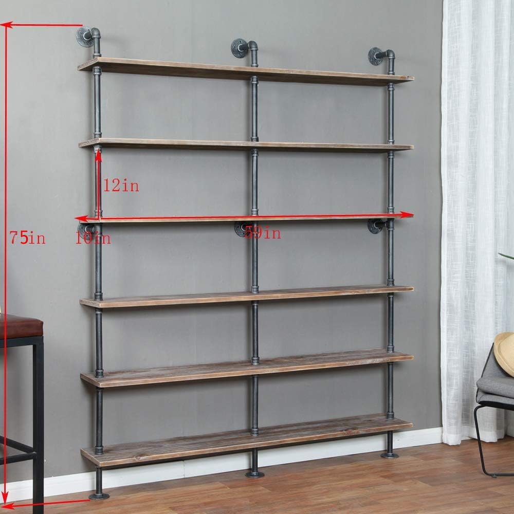 WGX Design For You Industrial 6-Tiers Modern Ladder Shelf Bookcase,Solid Wood Storage Shelf,Display Shelving, Wall Mounted Wood Shelves, Pipe Wood Shelves Bookshelf Vintage Wrought Iron Finish (Gray)