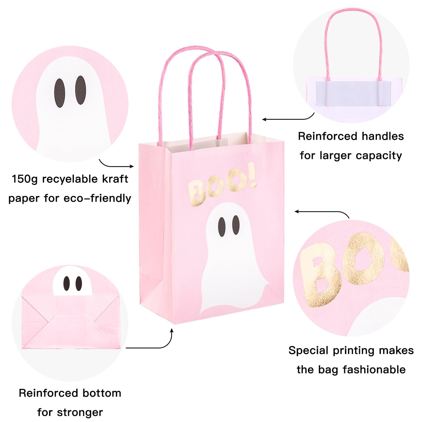 WRAPAHOLIC 12 Pack 7" Small Halloween Kraft Paper Gift Bags - Gold Foil Boo and Pink Ghost Gift Bag for Baby Shower, Holiday, Party Gift Wrap