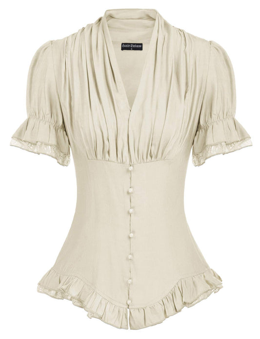 Women Victorian Vintage Shirt V Neck Work Blouse Ruffle Short Sleeve Peplum Shirt Beige L