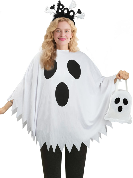 3PCS Halloween Costume Set Women Ghost Costume with White Ghost Poncho Boo Headband Candy Bag Halloween Ghosts Cape Outfit for Halloweens Cosplay Party