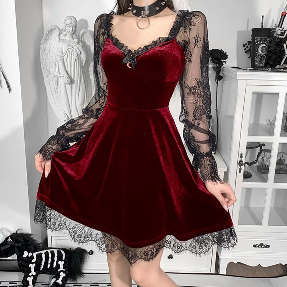 Women Gothic Lolita Dress Black Vintage Grunge Lace Velvet Cocktail Party Swing Dress Mesh Long Sleeve Steampunk Punk Mall Goth Dress Patchwork Sexy Romantic Aesthetic Alt Harajuku Dress Burgundy L