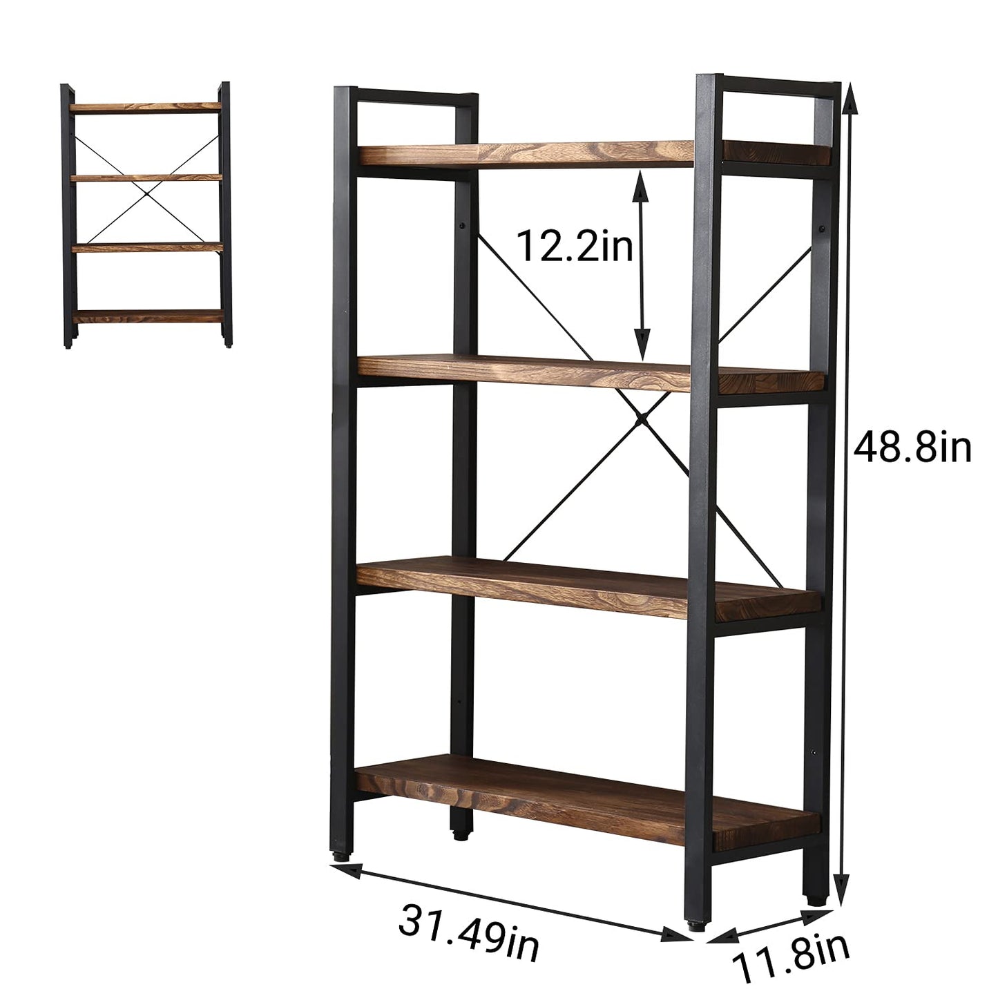 WH-AOERPUMY Solid Wood Bookshelf, 4-Tier Rustic Vintage Industrial Etagere Bookcase, Open Metal & Wood Vintage Book Shelf, Retro Brown