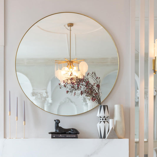 48 Inch Round Wall Mirror Gold Metal Framed Mirror Circle Mirror Modern Style HD Vanity Mirror Wall-Mounted Mirror for Entryways, Bathroom or Dorm