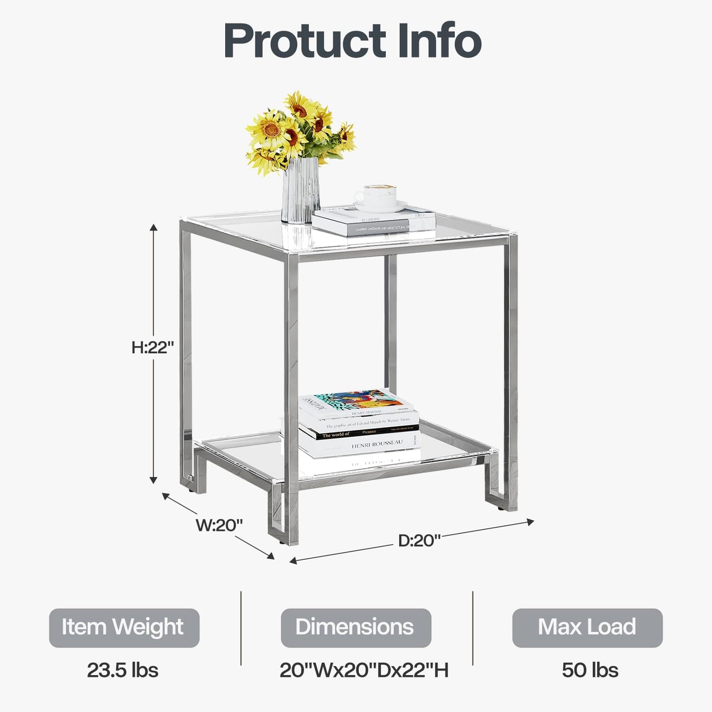 2 Tier Square End Table Side Table with Tempered Glass Top and Silver Stainless Steel Frame Modern Night Stand for Small Spaces Side Table with Storage for Living Room Bedroom