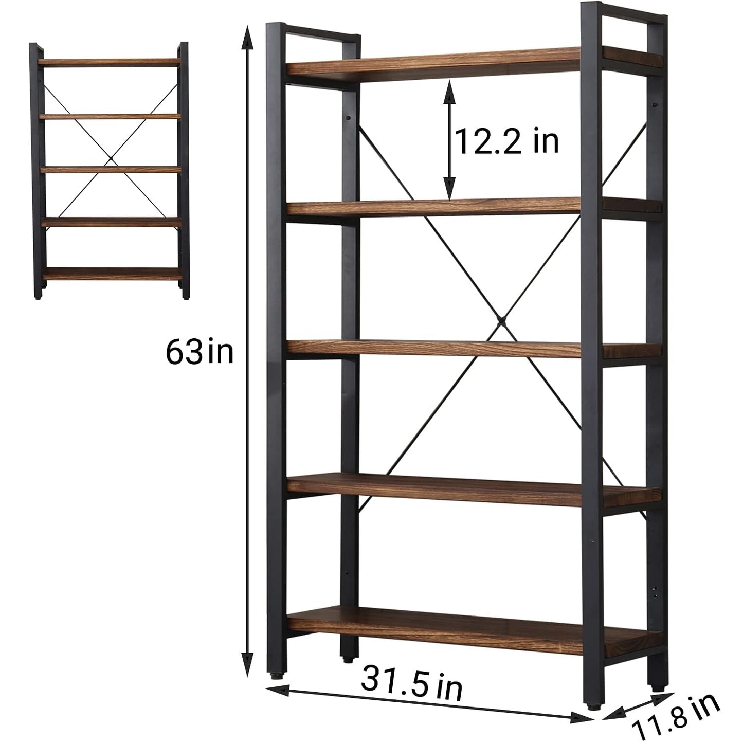 WH-AOERPUMY 5 Tier Bookcase, Solid Wood Bookshelf Rustic Vintage Industrial Etagere Bookcase, Metal and Wood Free Vintage Bookshelf, Retro Brown (Real Wood) (5-Tiers)