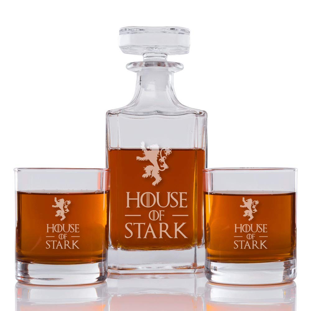 Abby Smith House of Stark Engraved Decanter and Rocks Glasses, Set of 3, 26 oz, Modern Drinkware Set