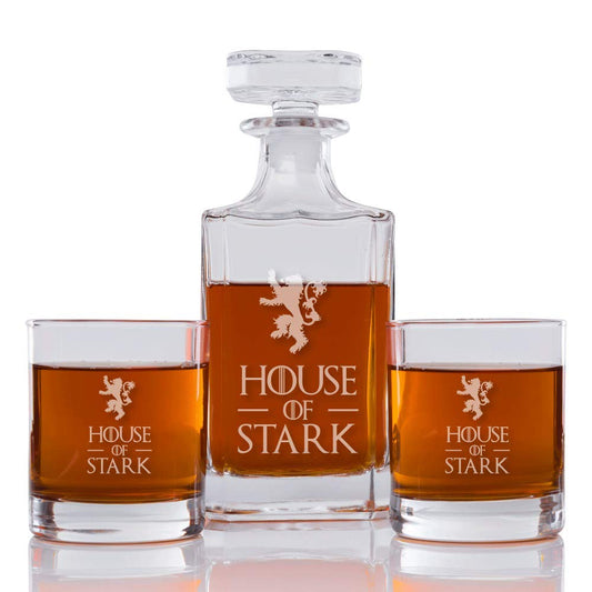 Abby Smith House of Stark Engraved Decanter and Rocks Glasses, Set of 3, 26 oz, Modern Drinkware Set
