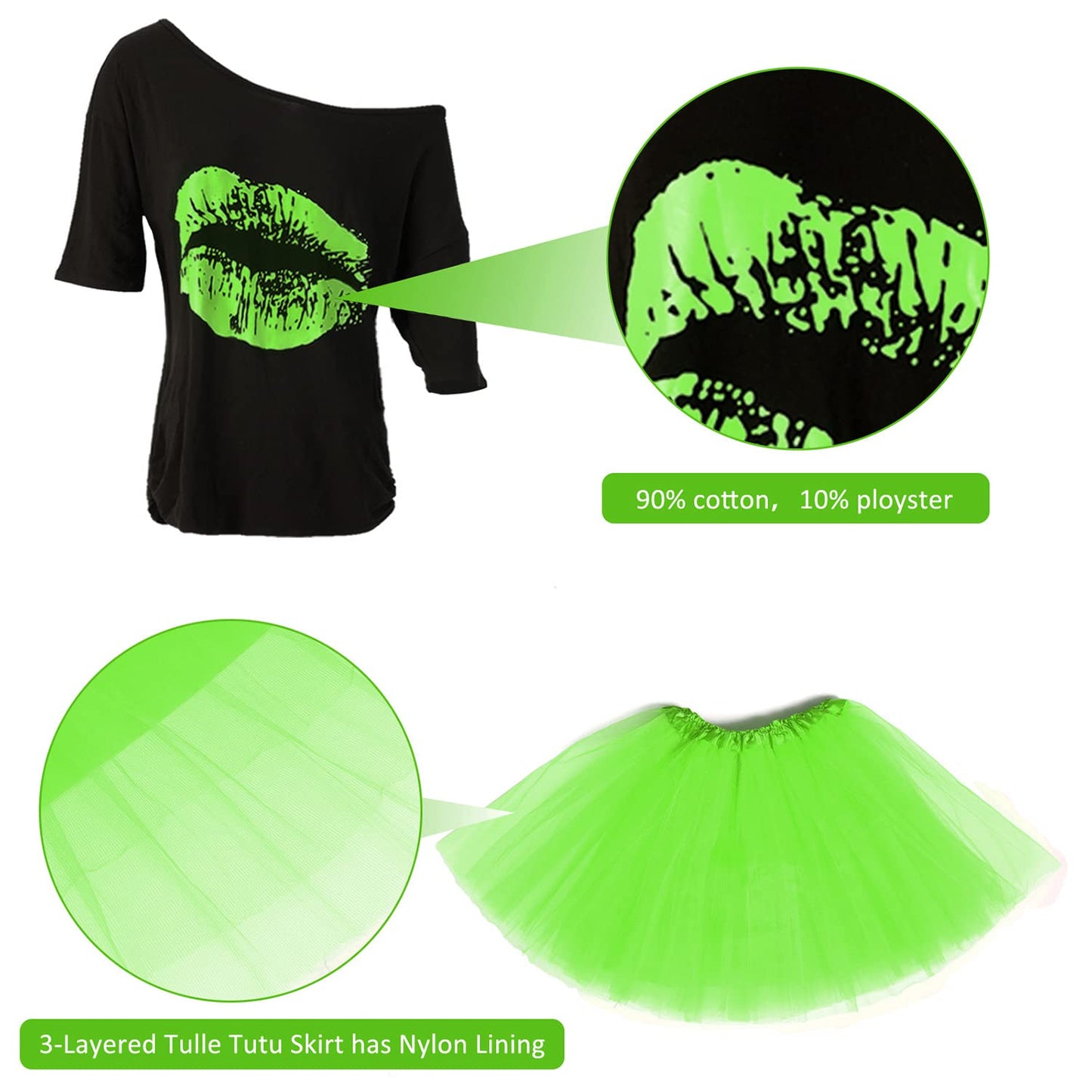Women's 80s Costume Accessories Set，Lips Print Off Shoulder Tops Headband Leg Warmers Fishnet Gloves Printed Leggings (E-Green-tutu skirt, M)
