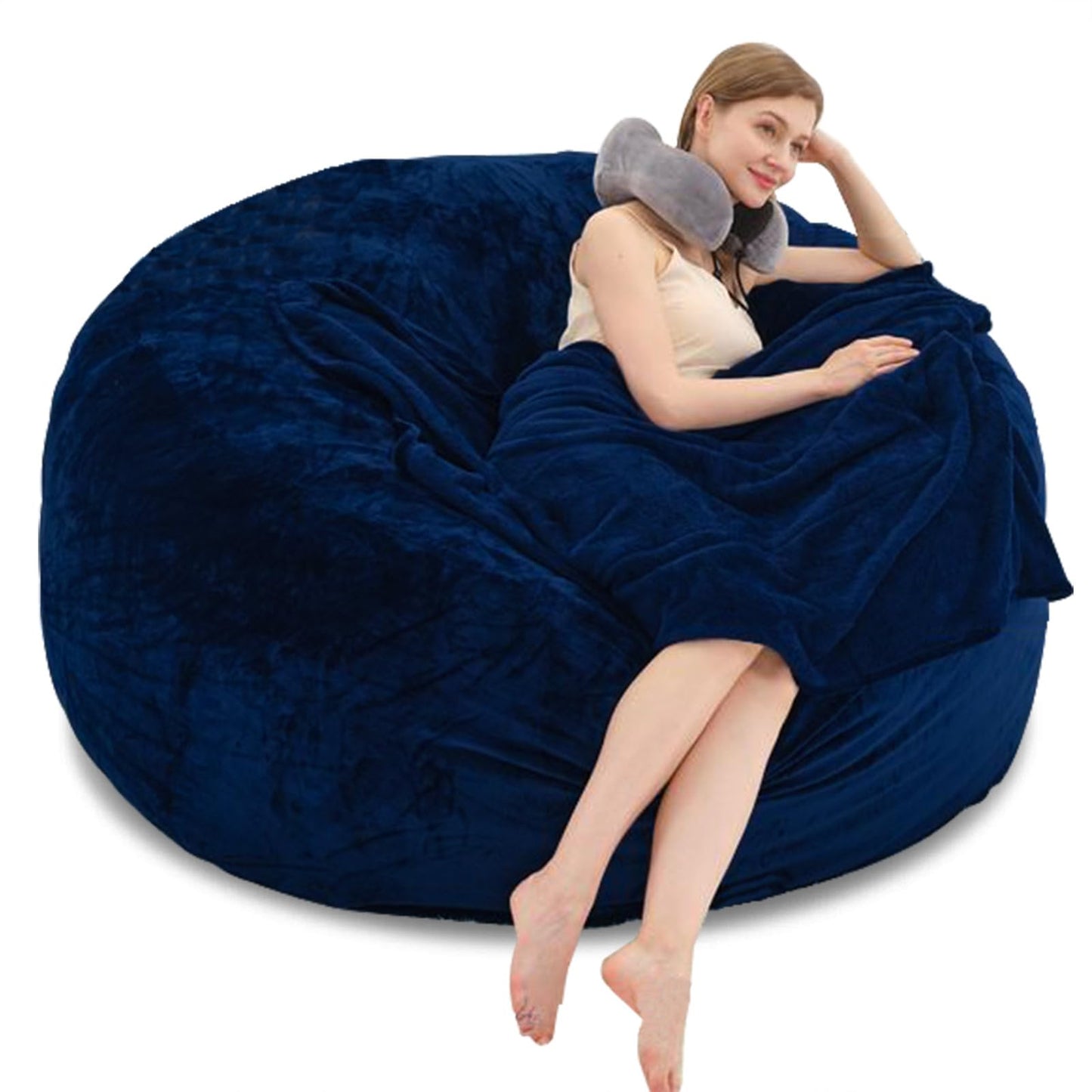 6FT Oversized Bean Bag，Bean Bag Chair with Filler Included，Foam Chairs for Adults，Memory Foam Bean Bag，Washable Soft Flannel, Suitable for Reading Leisure Chairs in Living Room.(Blue, 6FT)