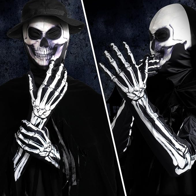 WTACTFUL Skeleton Gloves for Men Women Full Finger Bone Long Arm Length Gloves Ghost Skull for Halloween Party Dance Costume 03