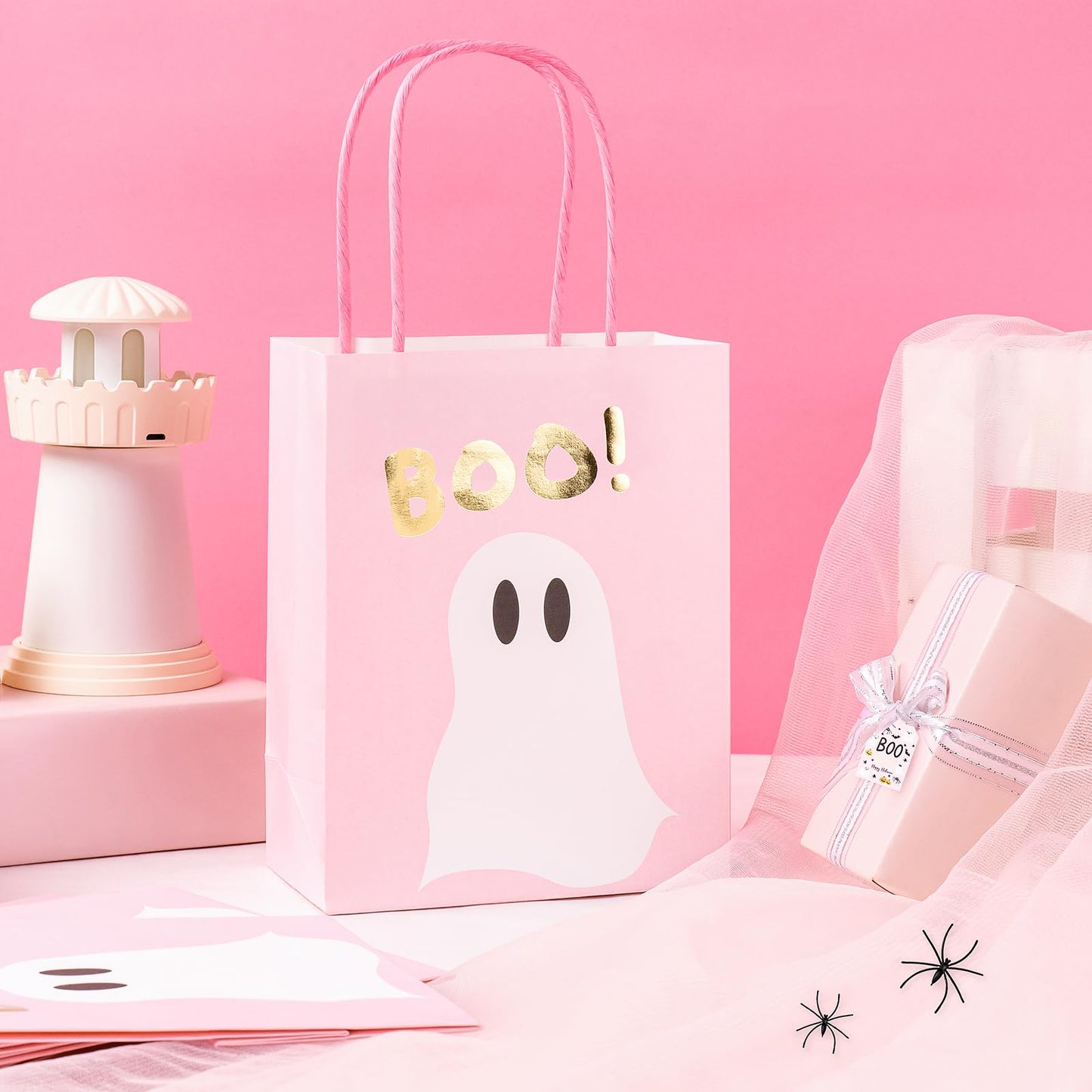WRAPAHOLIC 12 Pack 7" Small Halloween Kraft Paper Gift Bags - Gold Foil Boo and Pink Ghost Gift Bag for Baby Shower, Holiday, Party Gift Wrap