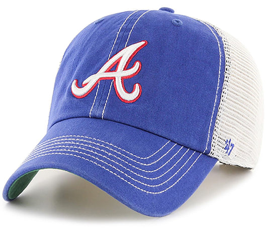 47 MLB Trawler Primary Logo Cooperstown Mesh Trucker Clean Up Adjustable Hat, Adult One Size Fits All - Atlanta Braves Blue
