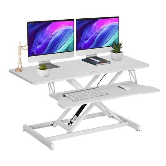 38-inch Standing Desk Converter Height Adjustable Sit to Stand Up Workstation, Duals Monitor and Laptop Riser with Wide Keyboard Tray, for Home, Schol, Company, White