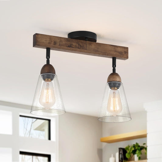 2-Light Rustic Farmhouse Glass Track Flush Mount Ceiling Light Fixture Mini Clear Seeded Glass Shade and Oak Wood Semi Flush Mount Ceiling Light for Kitchen Bedroom Hallway Entryway Sink