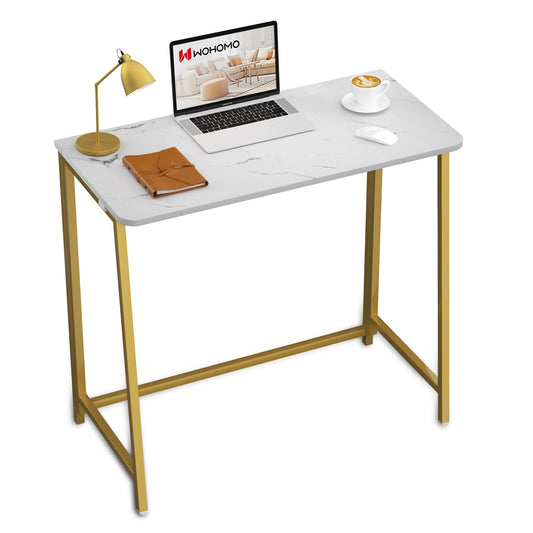 WOHOMO White Faux Marble Folding Desk, 31.5" Small Desk for Small Spaces with Gold Legs, Easy Assemble Foldable Computer Desk, Mini Portable Working Table for Home Office, White and Gold
