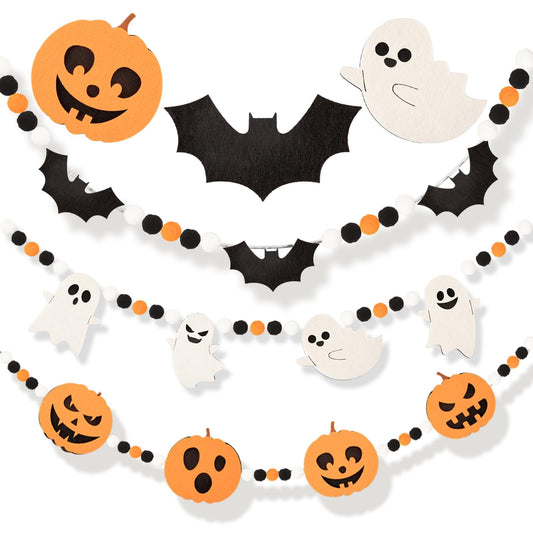24.6Ft Felt Banner - Cute Pumpkin Ghosts Expressions Bat Pom Pom Garlands - Halloween Party Decorations - Indoor/Outdoor Hanging Decor