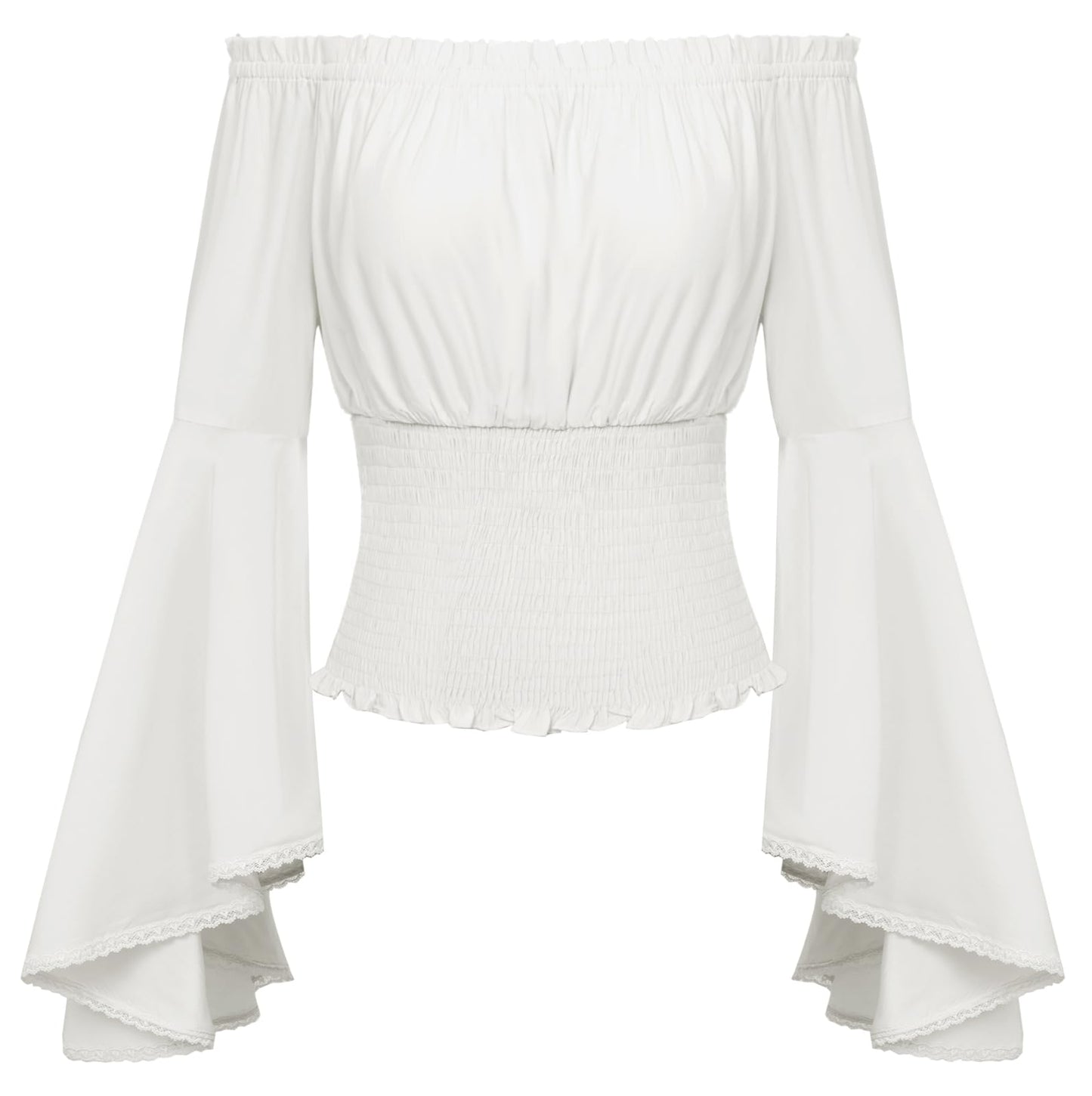 White Off The Shoulder Tops for Women 2024 Smocked Summer Peasant Blouse Bell Sleeve Top Renaissance Shirt White M