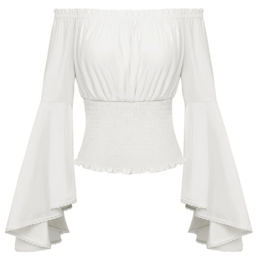 White Off The Shoulder Tops for Women 2024 Smocked Summer Peasant Blouse Bell Sleeve Top Renaissance Shirt White M